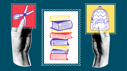Back to school vintage collage design with hands holding postage stamps with scissors, a stack of books and a backpack decorated with dots. Stationery and school supplies.
