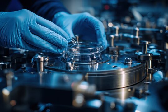 Laboratory technician in blue protective gloves carefully placing a petri dish on a high-precision scientific instrument in a modern lab environment
