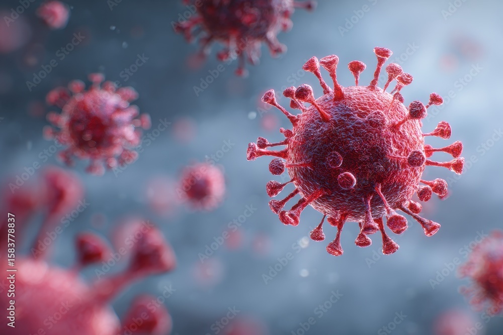 Poster microscopic view reveals intricate structure of red virus cells floating in a dark background highli