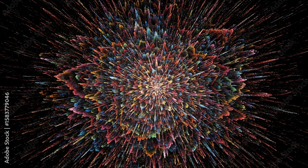 Fototapete An abstract explosion of colorful, fractal-like shapes radiating outwards from a central point against a dark background, creating a dynamic and vibrant visual effect.