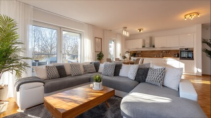 Fototapeta premium Modern living room with large windows and a well-equipped kitchen.