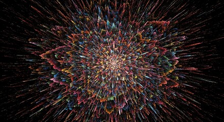 An abstract explosion of colorful, fractal-like shapes radiating outwards from a central point against a dark background, creating a dynamic and vibrant visual effect.