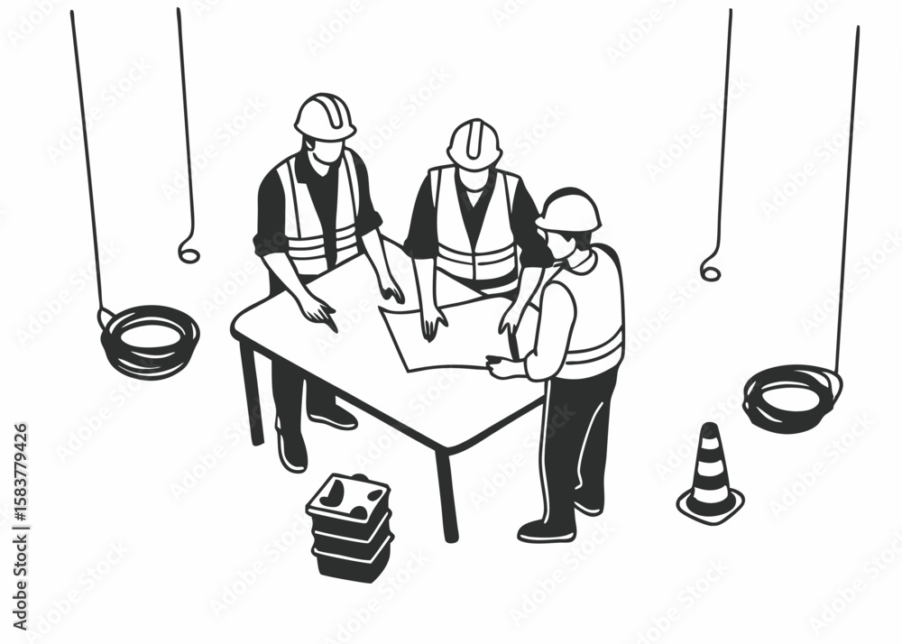 Poster construction team examining blueprints at a table with safety gear and transparent background for ve