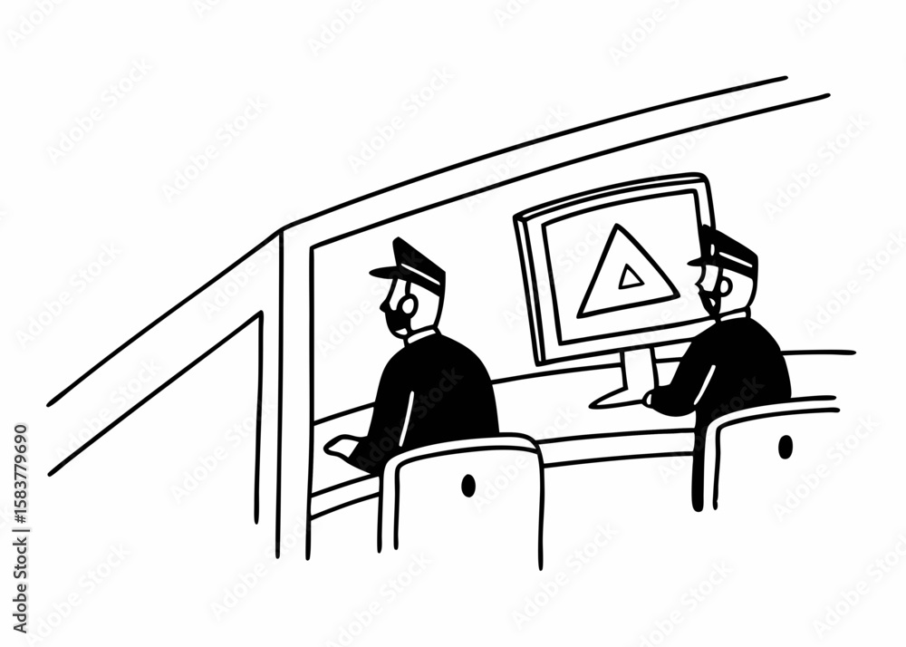 Aufkleber security personnel working in a control room with computer monitors showing a triangle warning signa