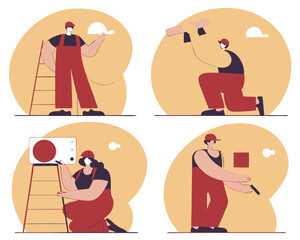 Professional repair and installation crew performing various tasks vector illustration, featuring skilled workers and maintenance services
