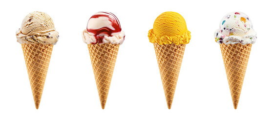 Colorful vibrant waffle cone ice cream transparent PNG cutout set bundle, isolated background. Coffee, raspberry ripple, mango, tutti frutti flavor cue, cold sweet scoop summer treat