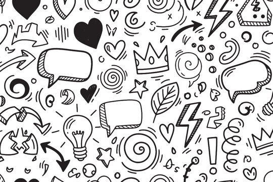 Hand-drawn doodle seamless pattern; black and white; playful, creative, and energetic design; perfect for backgrounds, textiles, and social media; vector illustration.
