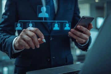 Hierarchy Networking Business professional using digital diagram on mobile for team communication and structural organization.