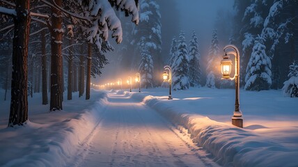 Snow covered pathway illuminated by lanterns winter