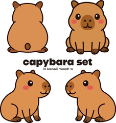 A set of idle kawaii cute baby capybara sitting. clip art flat vector illustration.