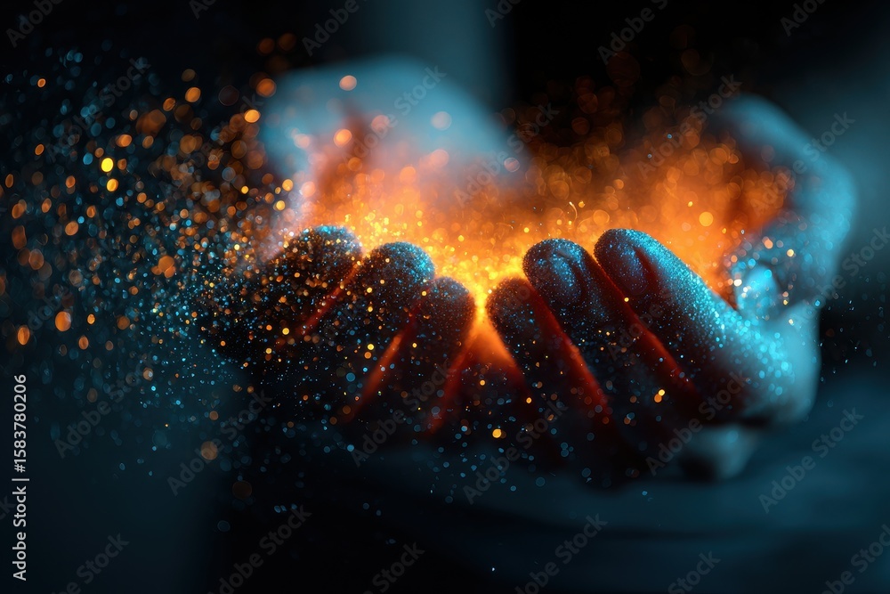 Poster magical glowing stardust and sparkling particles float gracefully from hands during a serene evening
