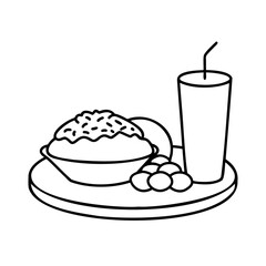 A meal with rice bowl, side dishes, a beverage with a straw food
