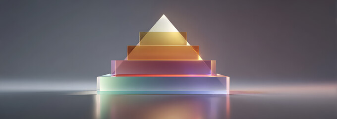 Glass holographic infographic pyramid 3d render icon set. Gradient five level triangle, information data hierarchy, chart or diagram for business presentation, marketing or financial. 3D illustration