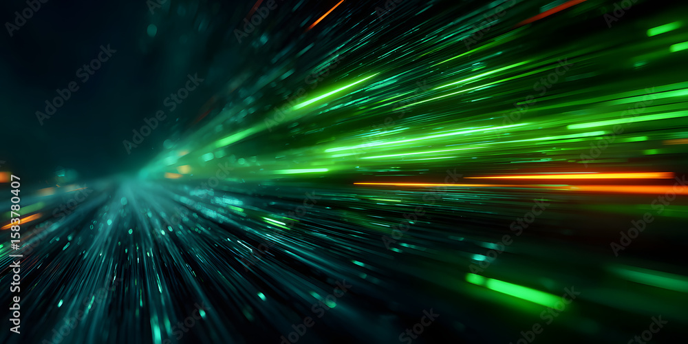 Poster dynamic futuristic green light streaks creating a sense of speed and motion in a digital background