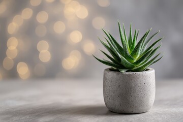 Small potted aloe vera succulent plant in a decorative pot placed on a table with soft bokeh lighting in the background during a cozy indoor setting