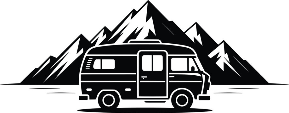 Vintage Camper Van with Mountain Scenery, Retro Adventure RV Travel Logo.

