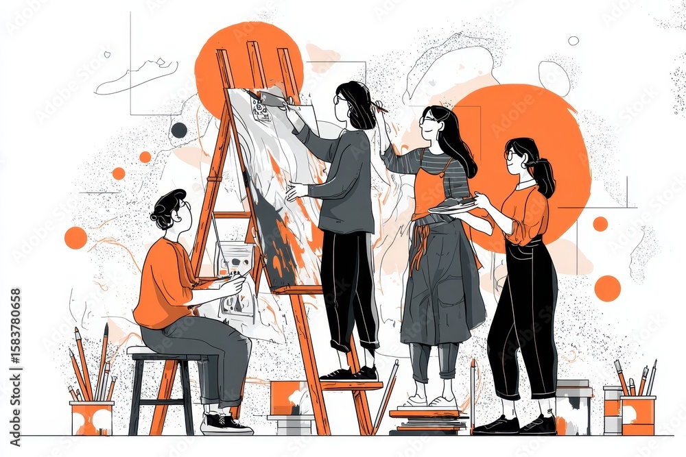 Poster group of individuals collaboratively creating an artistic masterpiece on a vibrant canvas in a brigh