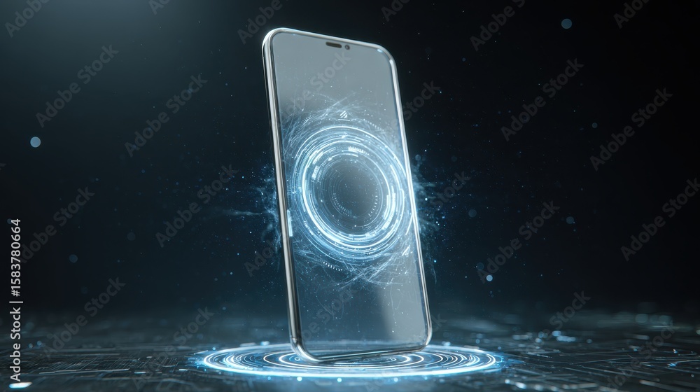 Poster smartphone with digital screen hologram. composition smart object and smart technology design. graph