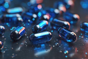 Bright blue gel capsules scattered on a dark surface creating a vibrant and reflective display