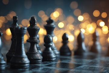 Black chess pieces glisten under magical light on a chess board, enhancing the strategic beauty of the game played in an enchanting atmosphere