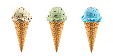 Colorful vibrant waffle cone ice cream transparent PNG cutout set bundle, isolated background. Butter pecan, mint chocolate chip, blue bubblegum flavor cue, cold sweet scoop summer treat