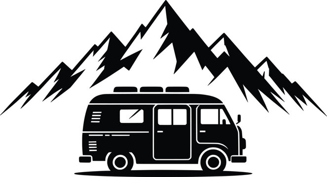 Vintage Camper Van with Mountain Scenery, Retro Adventure RV Travel Logo.

