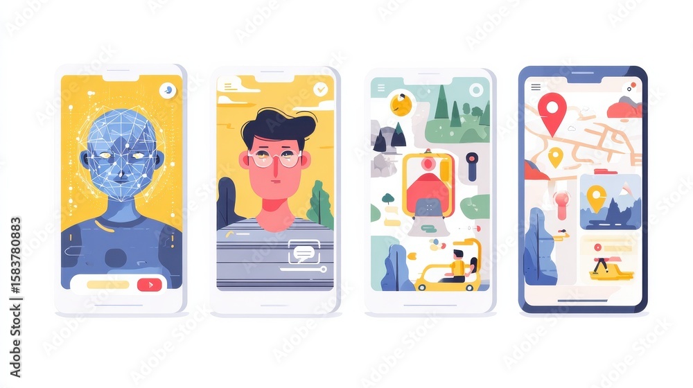 Poster artificial intelligence applications isolated cartoon vector illustrations set. unlock smartphone wi