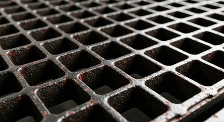 A closeup shows a rusty metal grid with a square pattern
