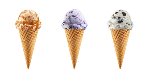 Colorful vibrant waffle cone ice cream transparent PNG cutout set bundle, isolated background. Caramel swirl, blueberry, cookies and cream flavor cue, cold sweet scoop summer treat