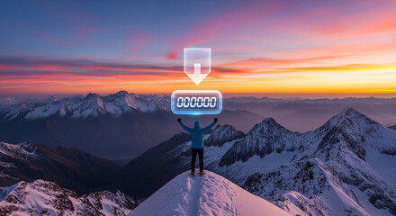 Achieving goals with a summit countdown as hiker celebrates success in a majestic mountain range at sunrise.