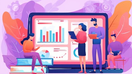 Students watching online training video with teacher and chart on tablet. Online teaching, share your knowledge, english teacher online concept. Website vibrant violet landing web page template., no 