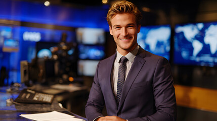 An attractive male TV journalist reporting live from a professional news studio