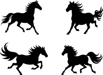 Four Elegant Running Horse Silhouettes, Vector Graphics for Design Projects