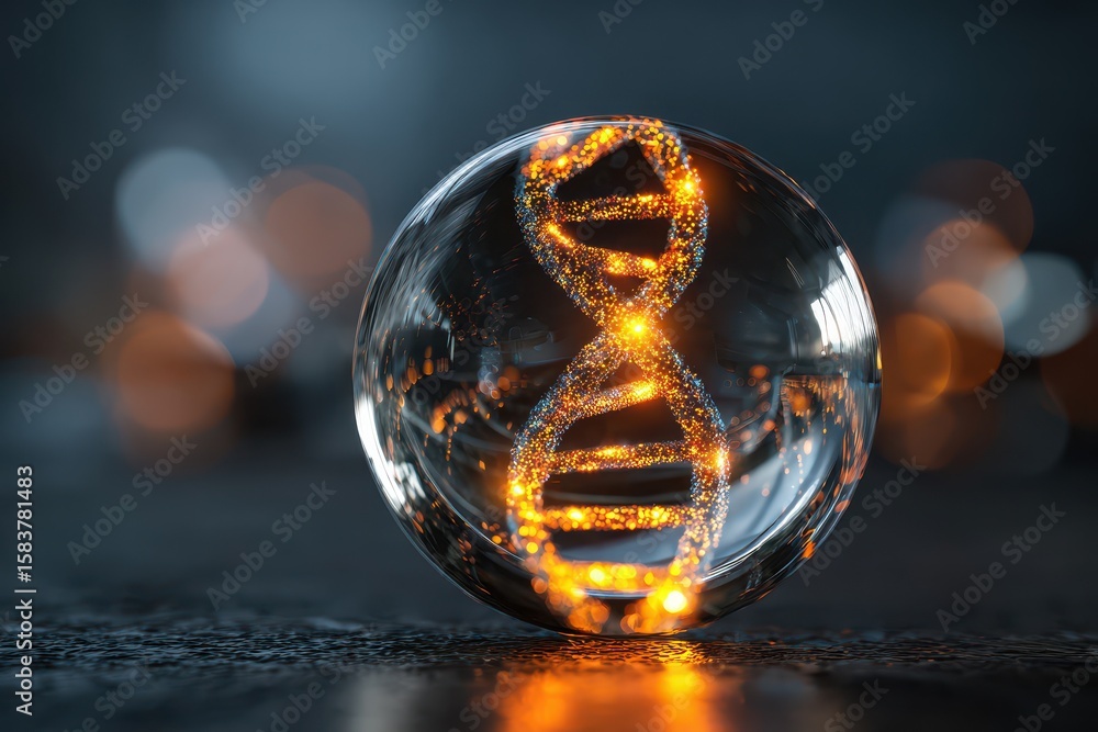 Poster glowing dna helix structure inside crystal sphere illuminated in a dark environment with soft bokeh 