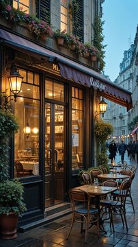 Charming cafe facade on a wet cobblestone street, evening lights glow warmly inside