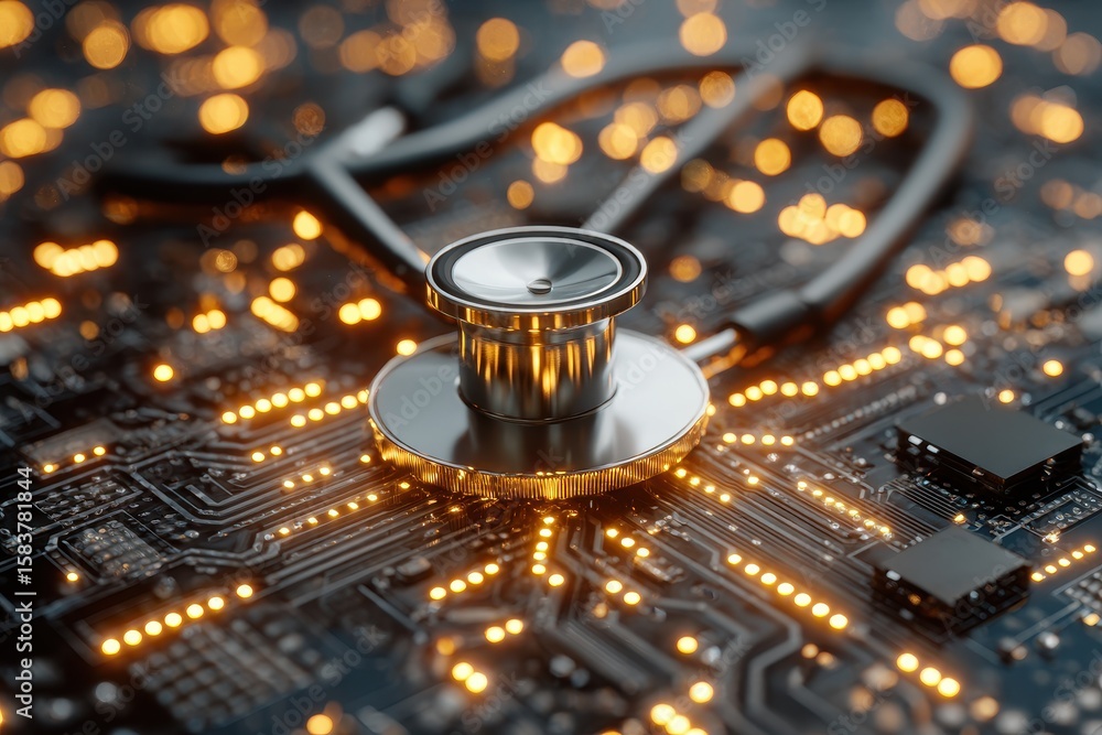 Poster medical stethoscope placed on a computer circuit board illuminated with glowing lights reflecting te