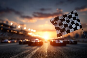 Checkered flag waving at the finish line as sunset descends on the race track during a thrilling motorsport event