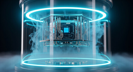 Quantum computing system displayed in a cryogenic cooling unit with blue glowing lights and futuristic machine design.