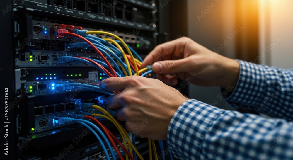 Poster it technician meticulously connecting colorful network cables to illuminated server rack ports in a 