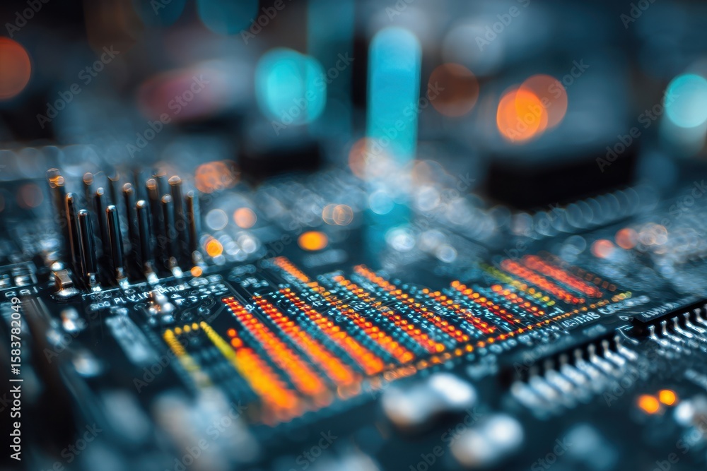 Poster financial graphs displayed on electronic circuits illustrating the integration of technology in data