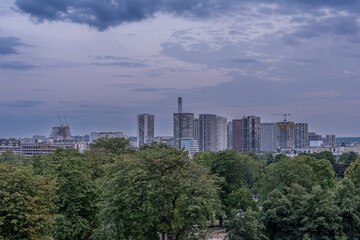 Paris, France - 07 14 2025: Panoramic view of the Towers of the Beaugrenelle district from the Trocadero at sunset