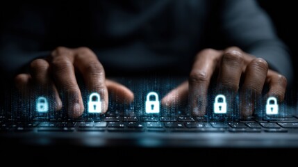 Man Interacts With Digital Locks on a Keyboard to Enhance Cybersecurity in a Modern Workspace