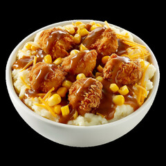 Comfort food bowl with fried chicken mashed potatoes corn and gravy isolated on transparent background