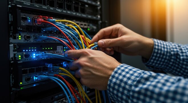 It technician meticulously connecting colorful network cables to illuminated server rack ports in a data center - Powered by Adobe