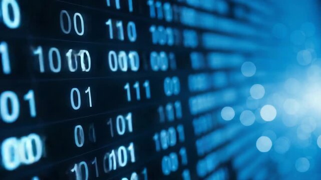 Binary code data stream on a blue digital screen