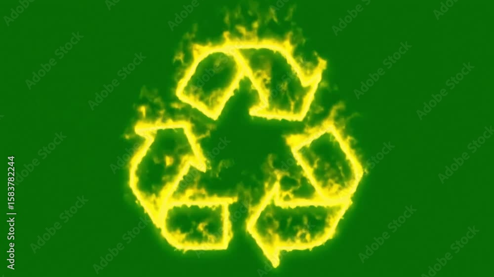 Poster fiery recycling symbol animated loop green background