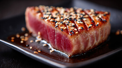 Thick seared tuna tataki steak with golden crust and sesame seeds on dark plate