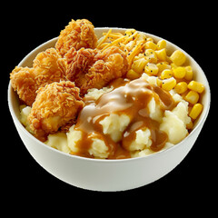 Crispy fried chicken with mashed potatoes corn and gravy isolated on transparent background