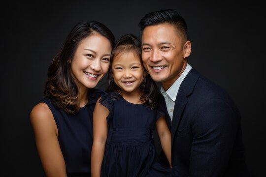 Portrait of a joyful Asian family with parents and a daughter, showcasing love and happiness, taken in a studio setting with a dark backdrop
