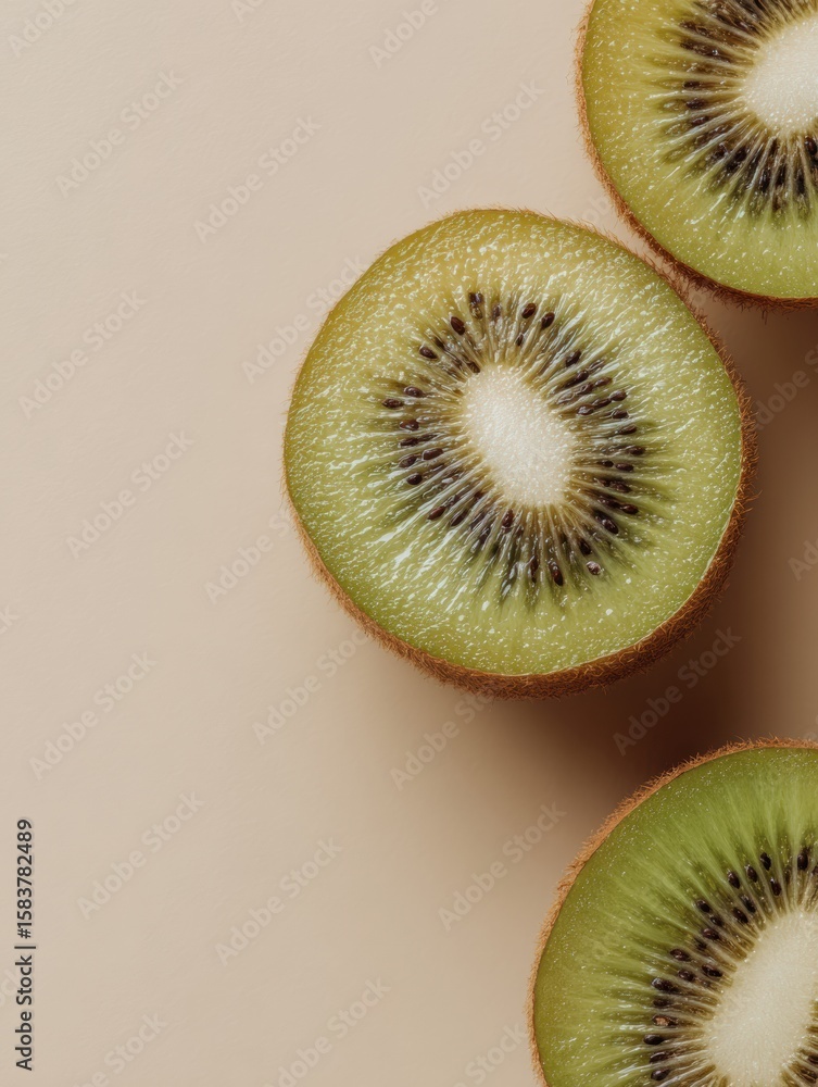 Poster fresh kiwi halves floating on neutral canvas with minimalist composition showcasing vibrant green co